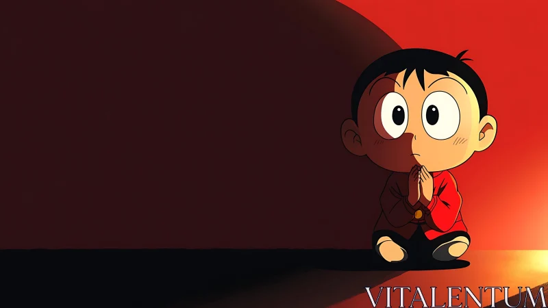 Small child in red quietly hoping in a sunlit corner.