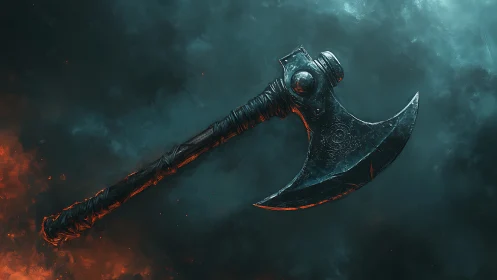 Battle axe with curved blade floats against smoky backdrop