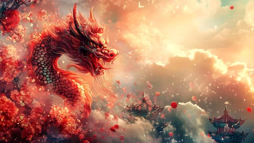 Crimson celestial dragon guarding lantern-lit cloud temples.