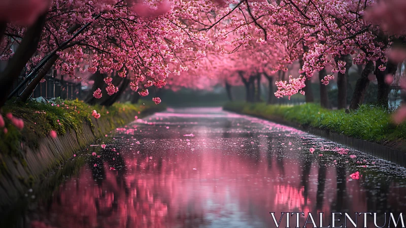 Cherry blossom trees arching over a calm reflective canal.