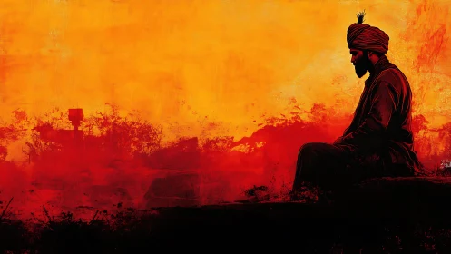 Solitary turbaned figure meditates under blazing sunset sky.