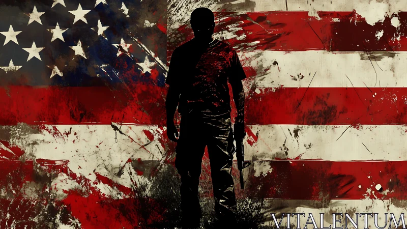 Silhouetted soldier storms across a fractured American flag