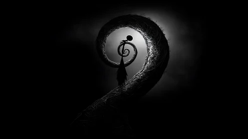 Backlit skeletal figure on spiral ridge in high-contrast chiaroscuro
