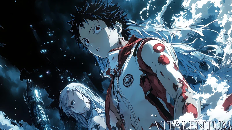 Bloodstained anime protagonists stand in stormy blue chaos