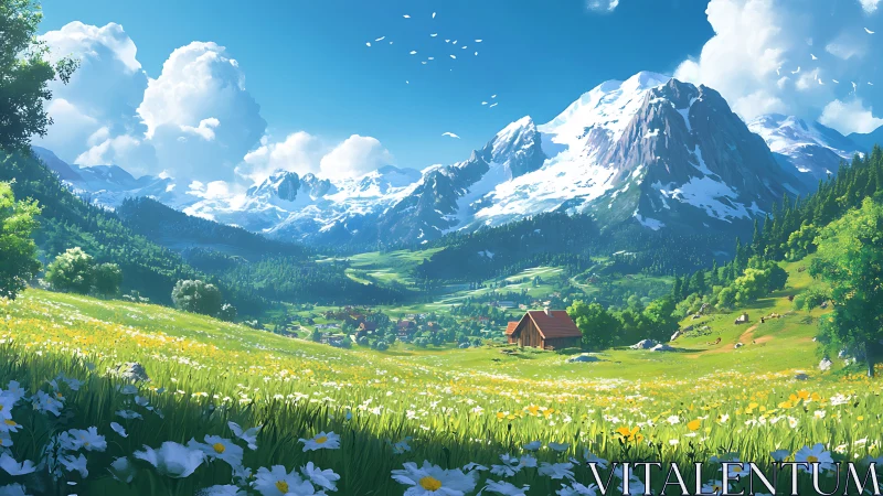 Sunlit alpine meadow dreaming beneath cathedral mountains.