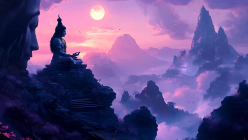 Mountainous seated deity under full moon in violet haze.