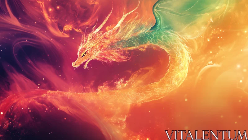Radiant fire dragon drifting through swirling cosmic light.