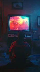 Person watching neon cityscape on retro CRT television.