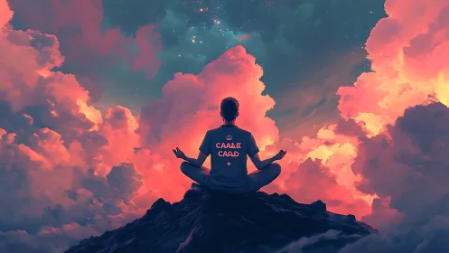 Peaceful sky meditation on a glowing mountain of clouds.