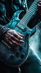 Close-up of electric guitar with player’s hand in focus.