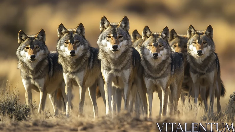 Amber-eyed wolf council marching across sunlit prairie.