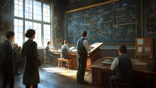 Sunlit classroom of curious minds around a giant chalkboard.