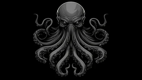 Monochrome tentacled skull creature on black background.