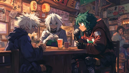 Anime trio share tense ramen bar meeting at night.