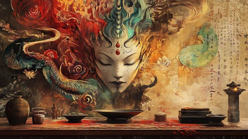 Dragon-breathed goddess over incense-lit altar dreamscape.