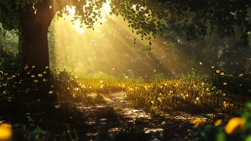 Sunlit forest path glows beneath warm morning rays.
