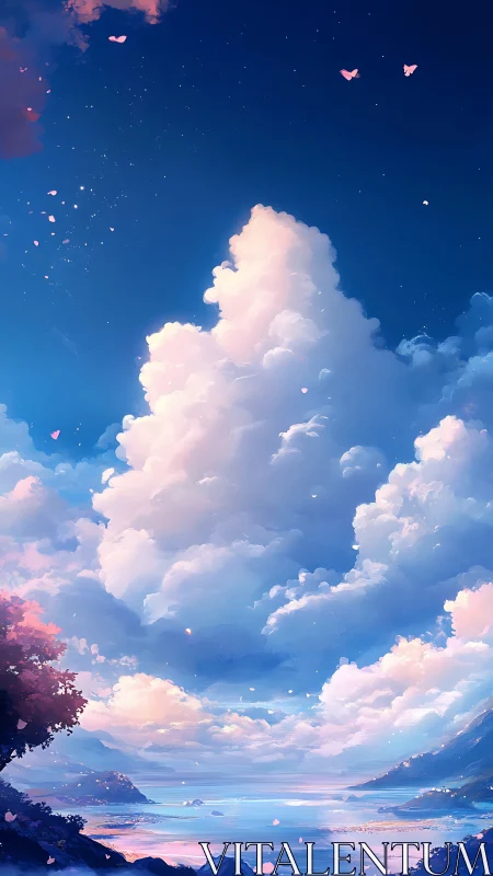 Celestial coastal clouds over pastel sea horizon at dusk.