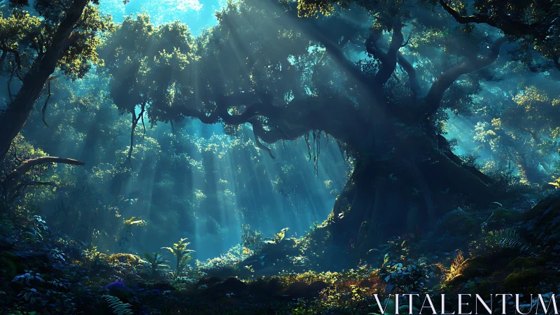 Ancient forest cavern with filtered sunlight penetrating dense canopy structure.