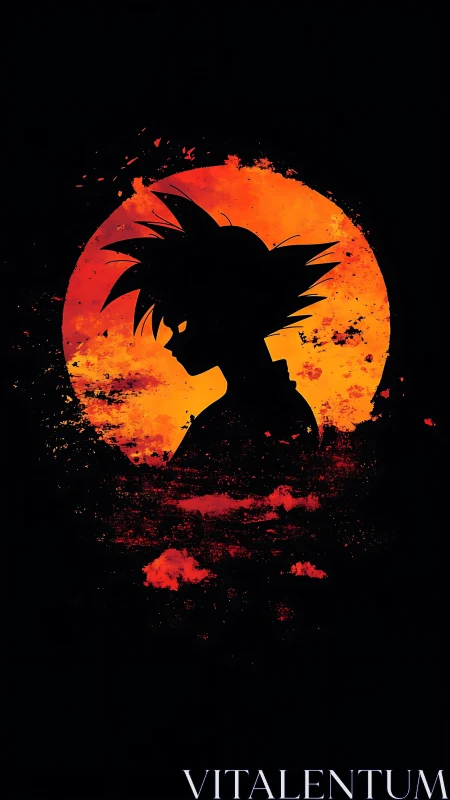 Fiery anime silhouette stands against a blazing sunset circle