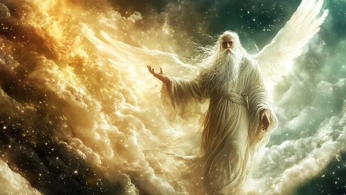 Winged robed figure in luminous celestial cloudscape.