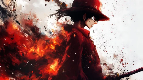 Fiery anime swordsman walking through swirling embers.