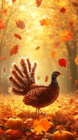 Autumn turkey queen struts through a glowing leafstorm forest.