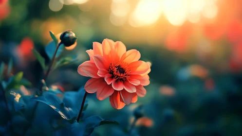 Coral Dahlia Bloom Illuminated Against Blurred Warm Bokeh.