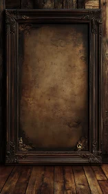 Photorealistic antique frame on rustic wooden backdrop.