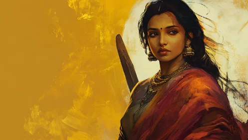 Regal Indian Warrior Woman in Traditional Attire, Digital Art Portrait.