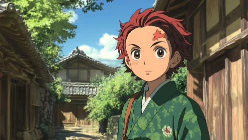 Village sunbeams pause on a resolute red haired wanderer