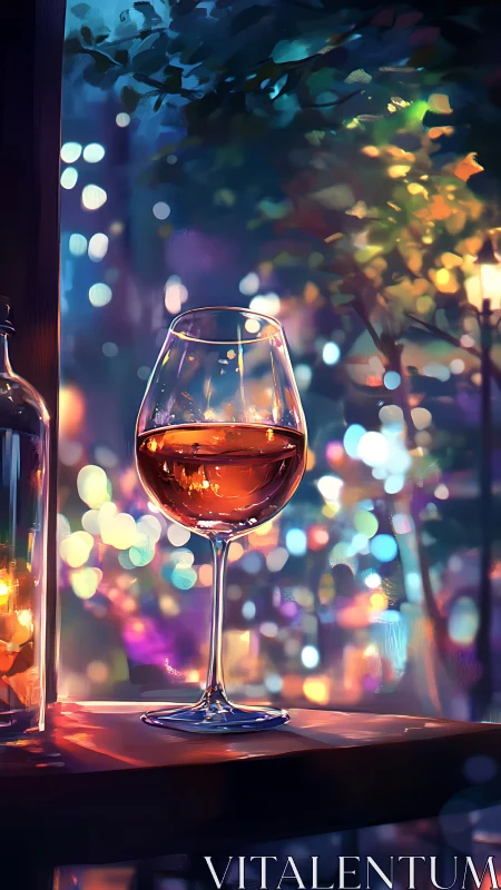 Wine glass by window with colorful urban night bokeh.