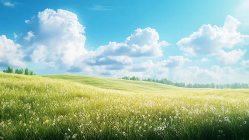 Grassy meadow with distant treeline under cumulus clouds.