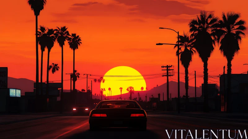 Retro car cruises toward a blazing palm-lined sunset street.