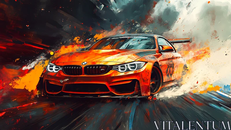 Orange BMW race car in abstract motion with fiery strokes.