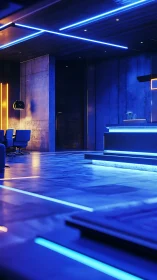 Futuristic interior with blue neon linear accent lighting.