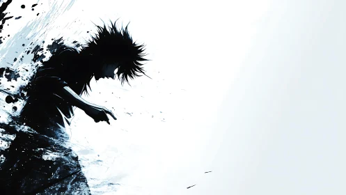 Ink-splashed anime silhouette dissolving into white void.