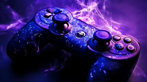 Luminous Gaming Controller Engulfed in Electric Purple Energy Waves