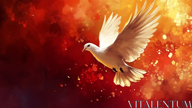 Gentle white dove soaring across a glowing sunset sky.