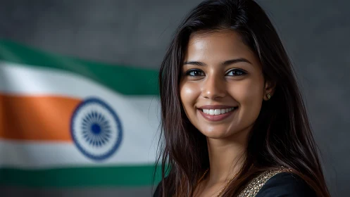Confident young woman smiling with Indian flag in background.