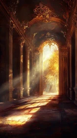 Golden baroque hallway opening toward glowing autumn garden.