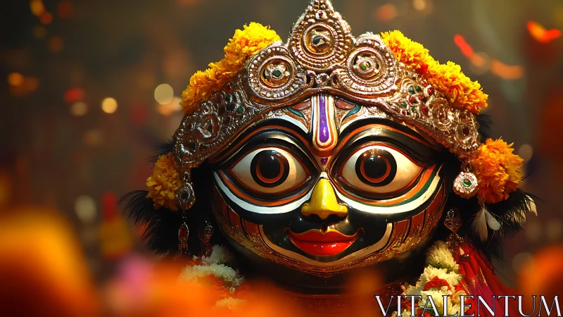 Vibrant deity mask adorned with marigolds and jeweled crown.