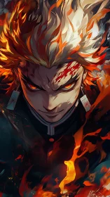 Fiery anime warrior locks eyes with viewer in fierce focus