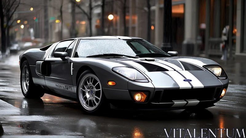 Silver Ford GT on wet city street with headlights on.