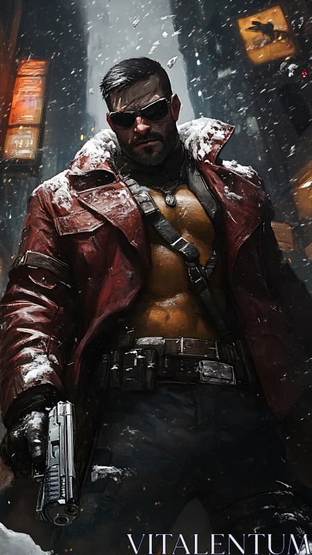 Gunman in red coat stands armed in snowy neon city street