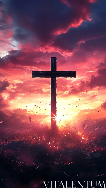 Cross at sunrise glowing with gentle hope and quiet peace.