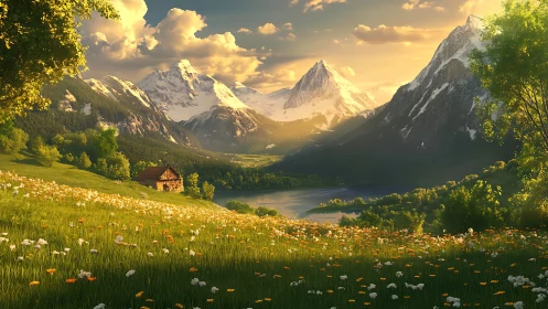 Sunlit alpine meadow with chalet above serene mountain lake.