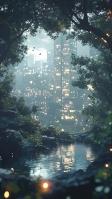 Luminescent Urban Skyline Through Verdant Canopy: Chiaroscuro Forest Portal.