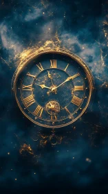 Golden clock face floats against dark cosmic nebula background
