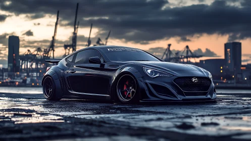 Midnight-tuned Hyundai crouches low against the harbor dusk