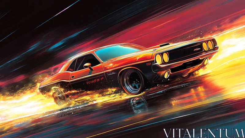 Classic muscle car erupts into neon flame on wet highway